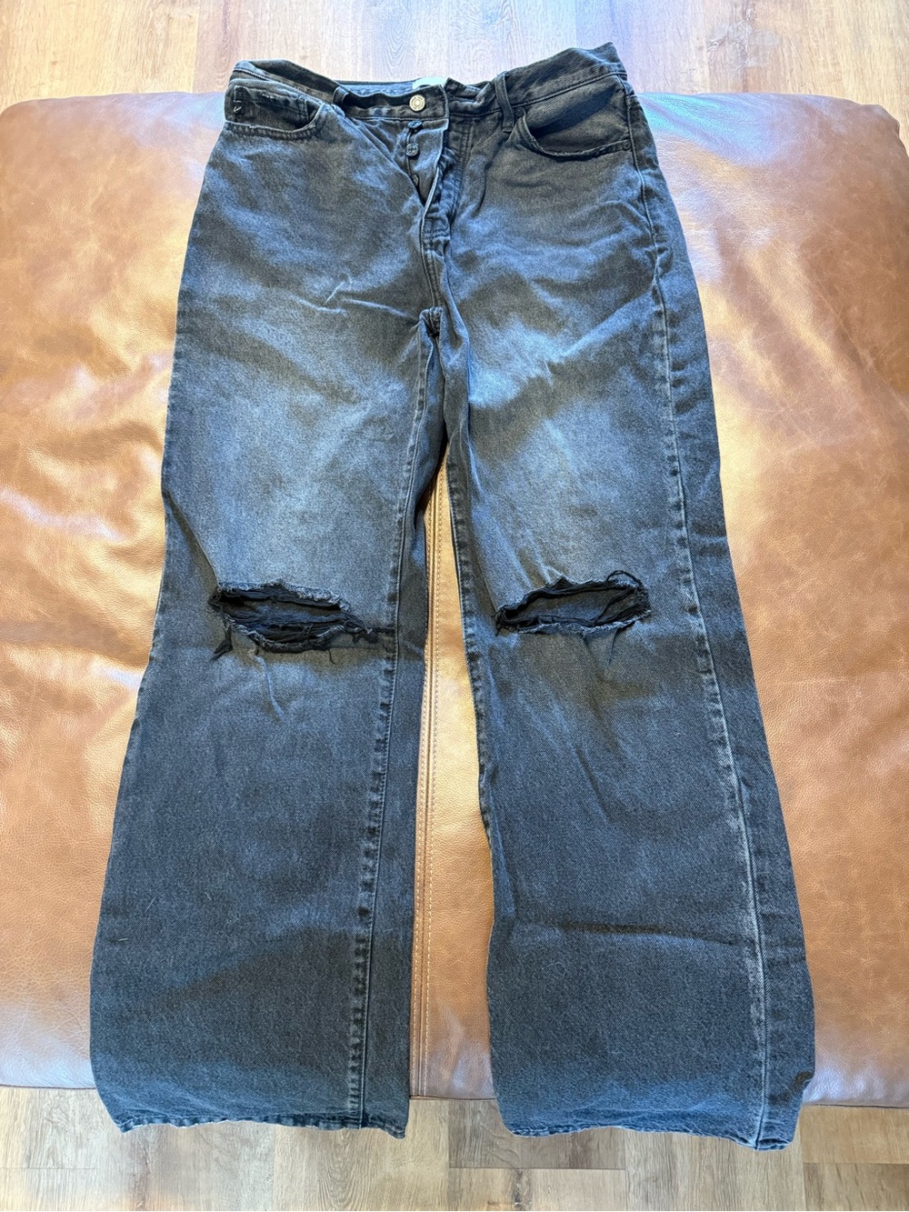 Black Distressed Button Fly Knee Ripped Wide-Leg Jeans